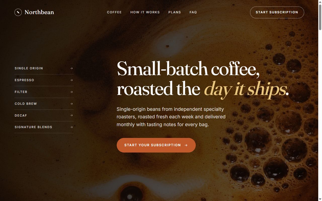 Northbean — coffee subscription homepage generated by Draftr